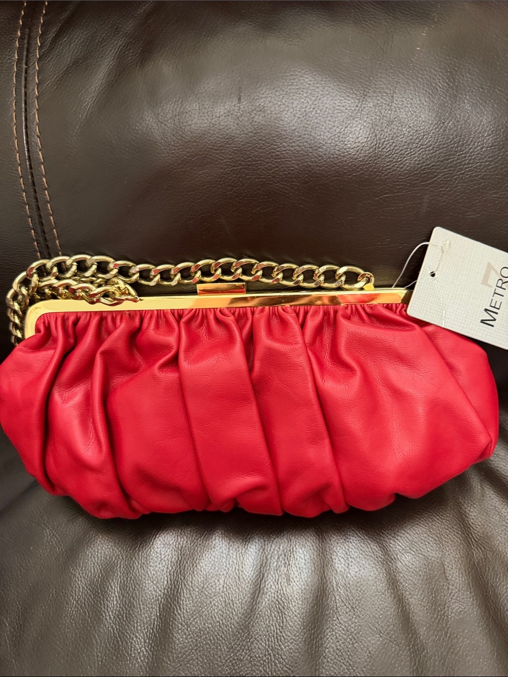 Metro Red Ruched Clutch with Gold Chain